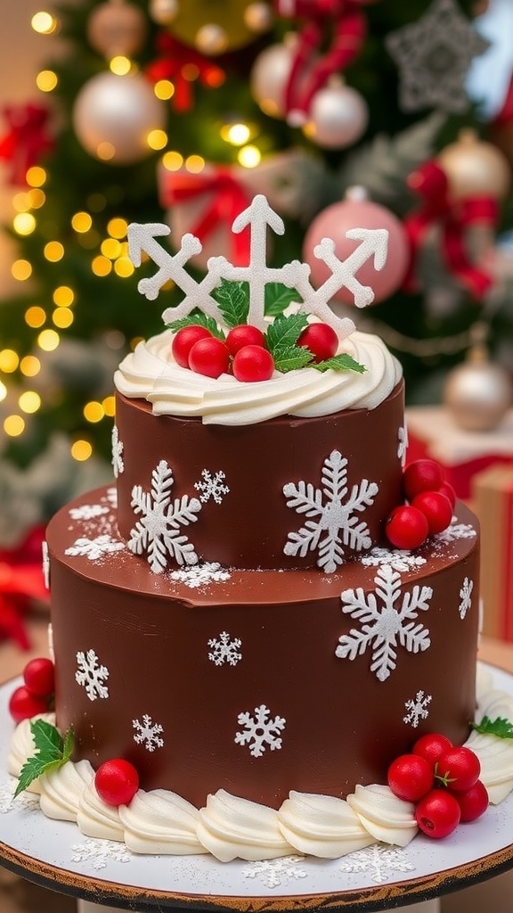 A two-tier Christmas cake decorated with snowflakes and berries, perfect for holiday celebrations.